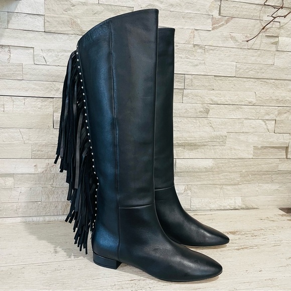Saint Laurent Dana Black Leather Fringe Studded Knee High Boots Size 35 $1890 - Picture 5 of 15